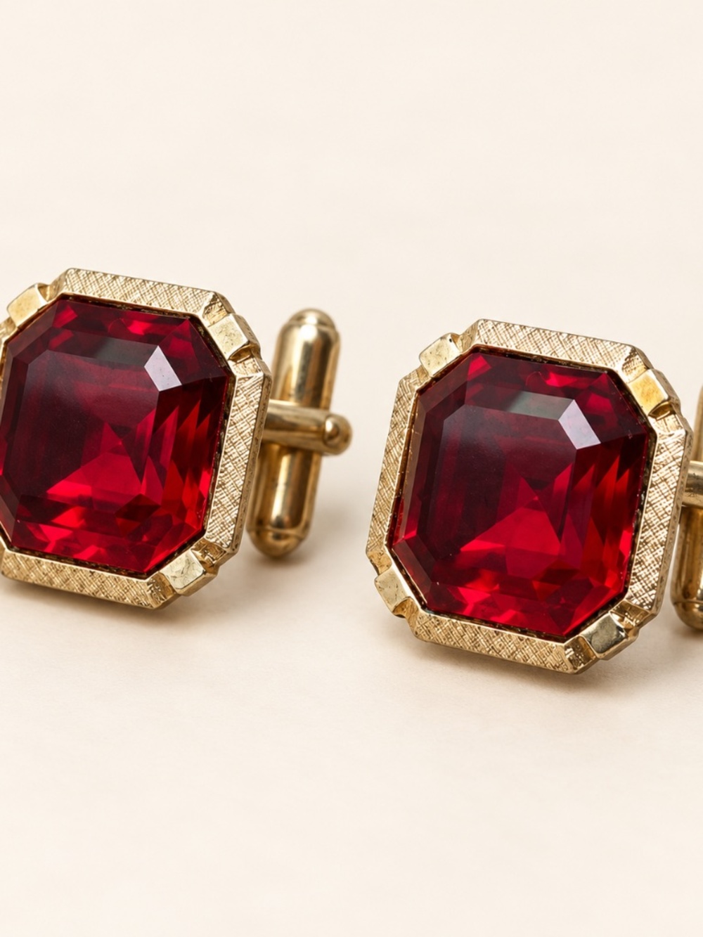 Vintage Anson Ruby Red Faceted Glass Cufflinks Gold Tone MCM
